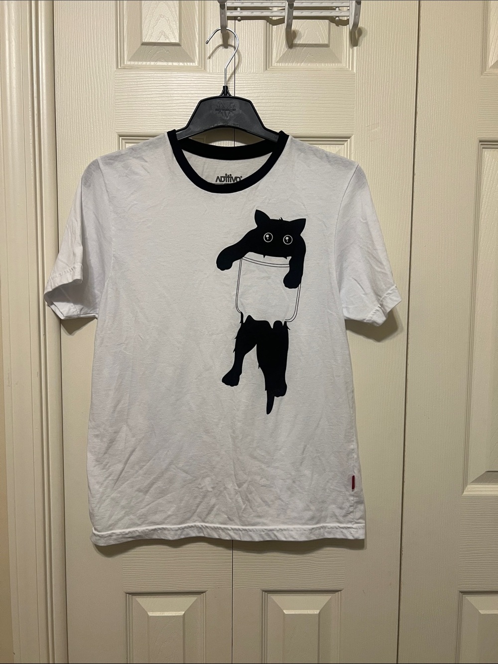 White Tee with Black Cat Pocket Graphic - Pet Lover Shirt. Worn once, briefly.